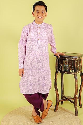 lavender cotton hand block printed kurta set for boys