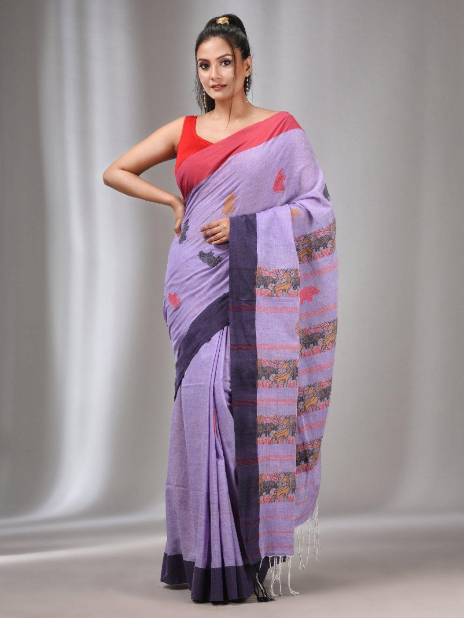 lavender cotton handwoven soft saree with animal motifs with unstitched blouse