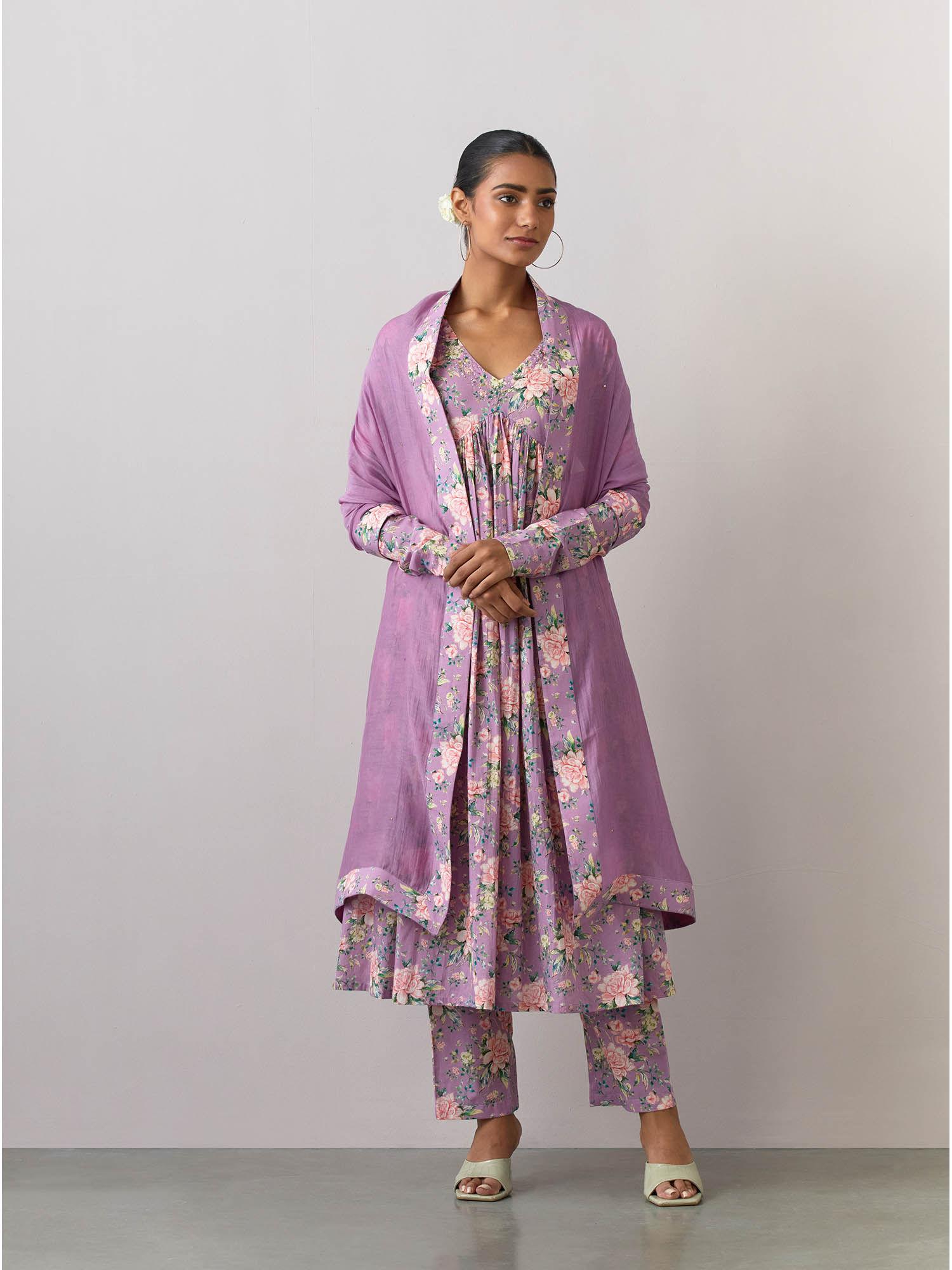 lavender cotton printed kurta with pants and dupatta (set of 3)