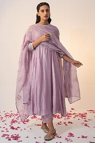 lavender cotton silk block printed & hand embroidered a-line kurta set