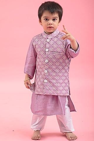 lavender cotton silk embroidered bundi jacket with kurta set for boys
