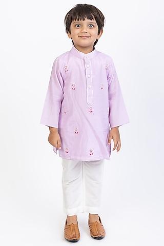 lavender cotton silk hand embroidered kurta set for boys