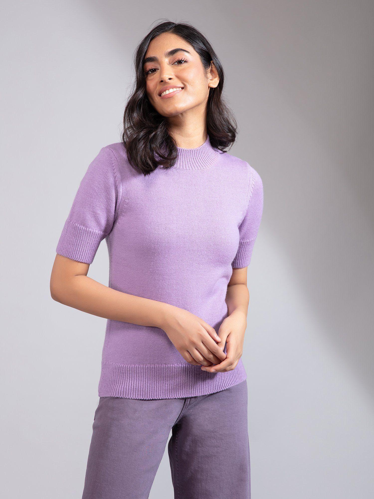 lavender crew neck short sleeves sweater top