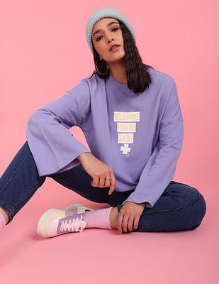 lavender crew neck typographic print cotton sweatshirt