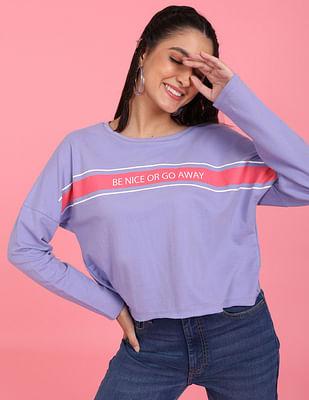 lavender crew neck typographic print cropped sweatshirt