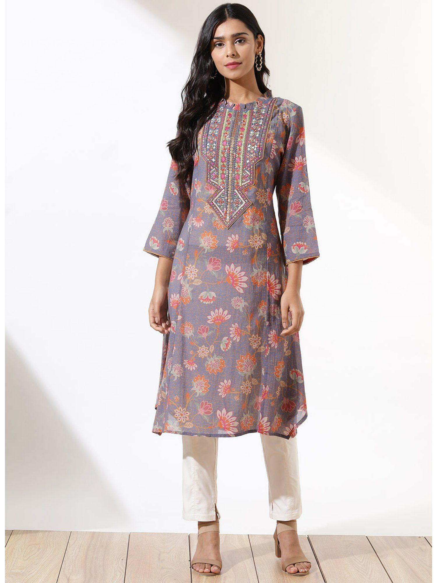 lavender dhaage collection printed kurta with embroidery