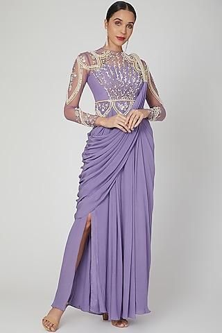 lavender embellished draped gown saree