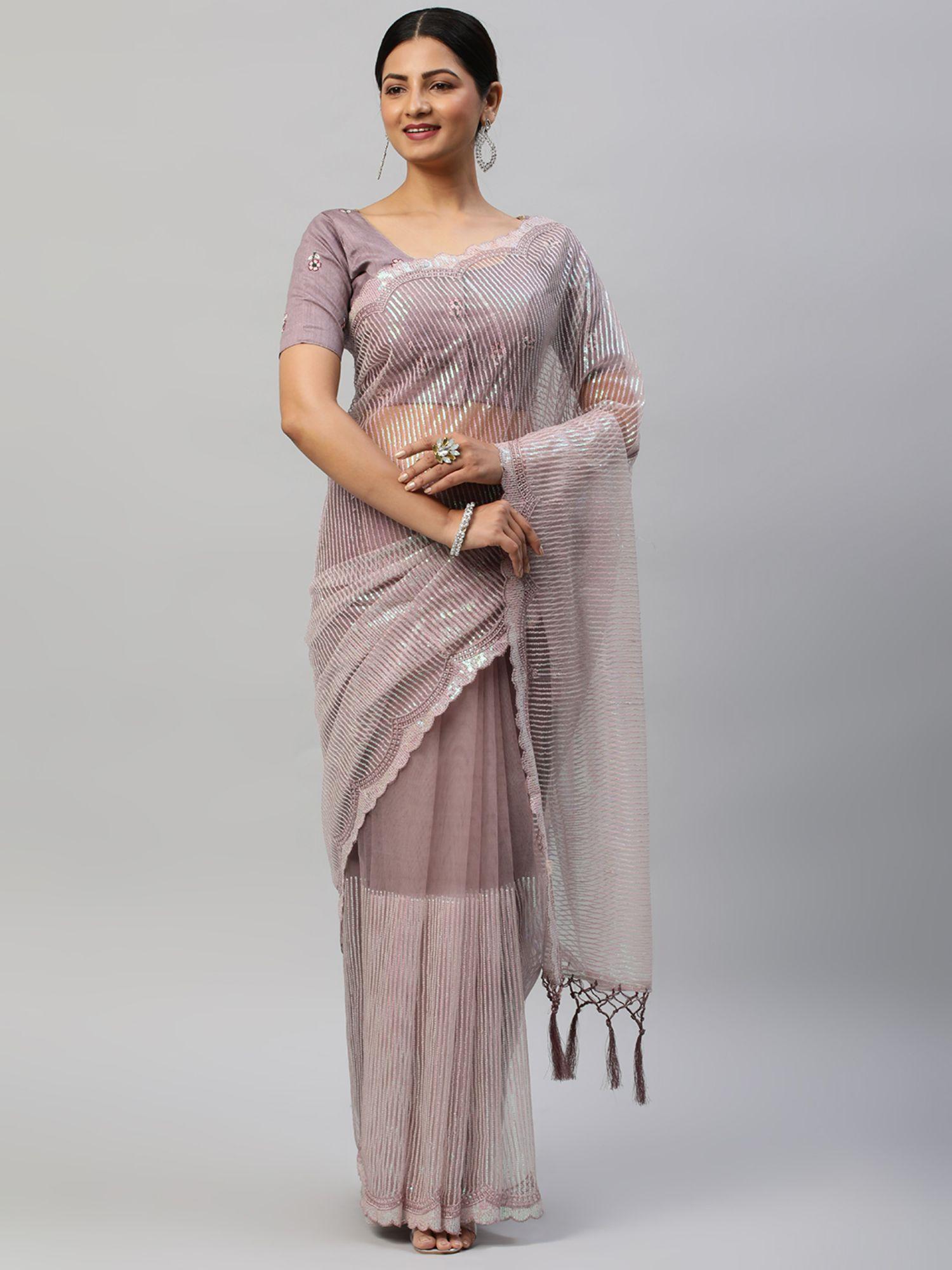 lavender embellished sequinned saree with unstitched blouse