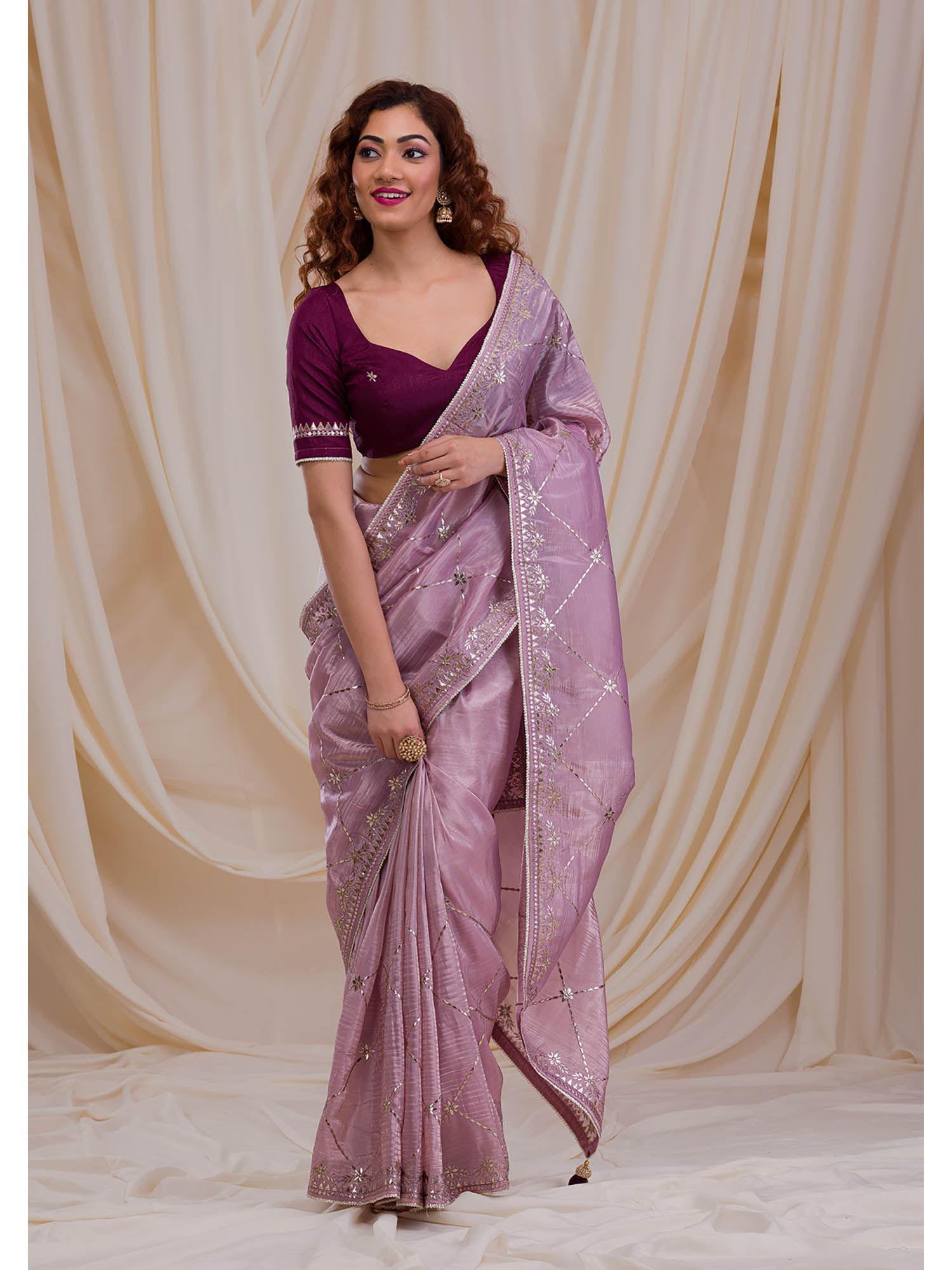 lavender embroidered gota tissue saree with unstitched blouse