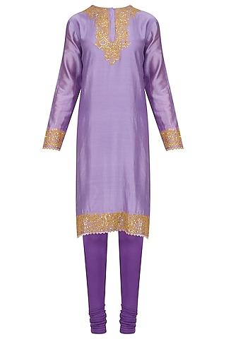 lavender embroidered kurta with floral printed dupatta