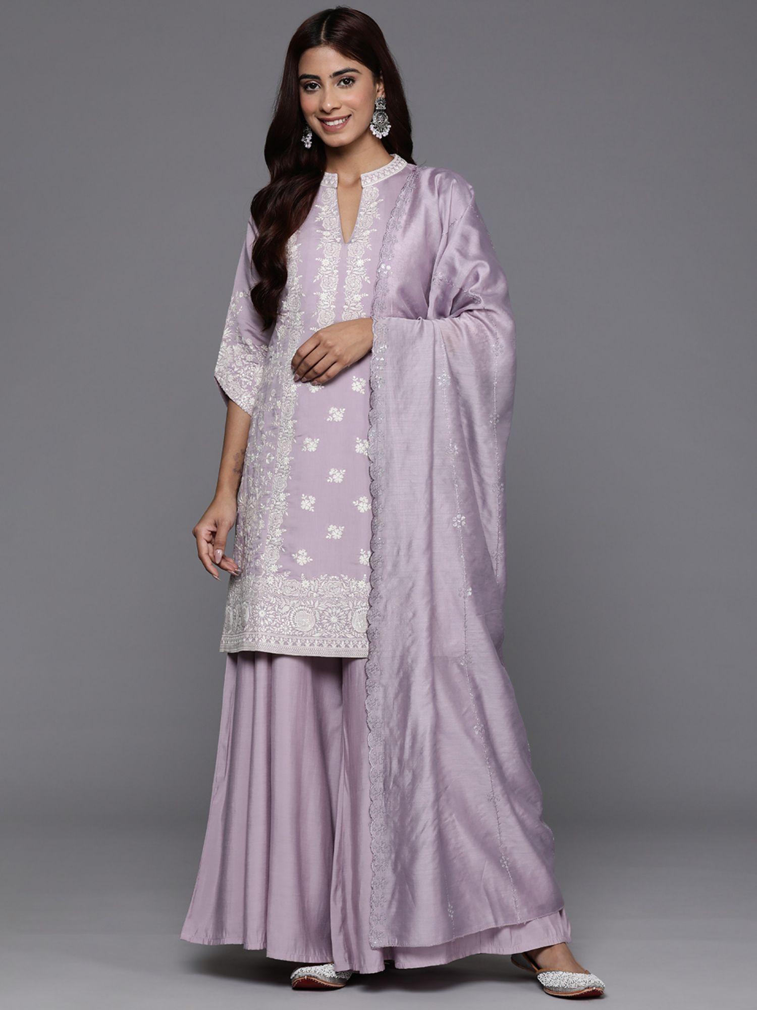 lavender embroidered kurta with palazzo and dupatta (set of 3)
