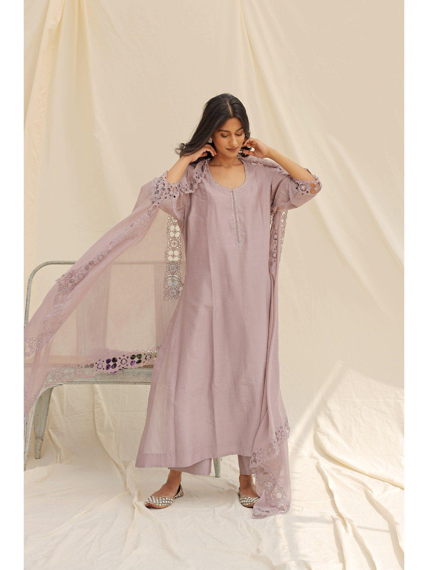 lavender embroidered kurta with pant and dupatta (set of 3)