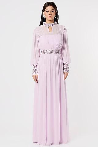 lavender embroidered pleated gown