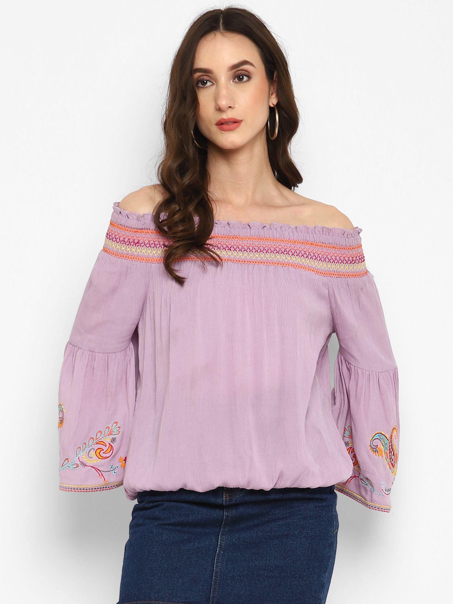 lavender embroidered rayon crepe top for women