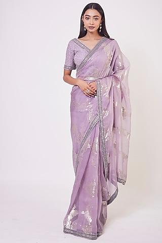 lavender embroidered saree set