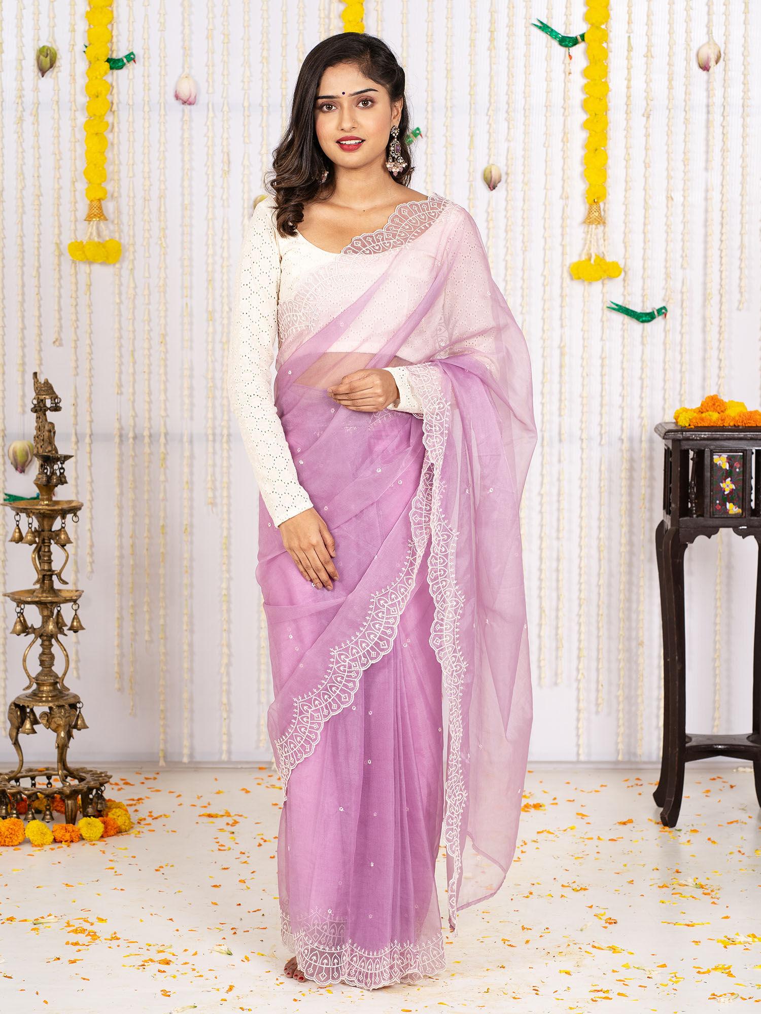 lavender embroidered thread work ready to wear saree with stitched blouse