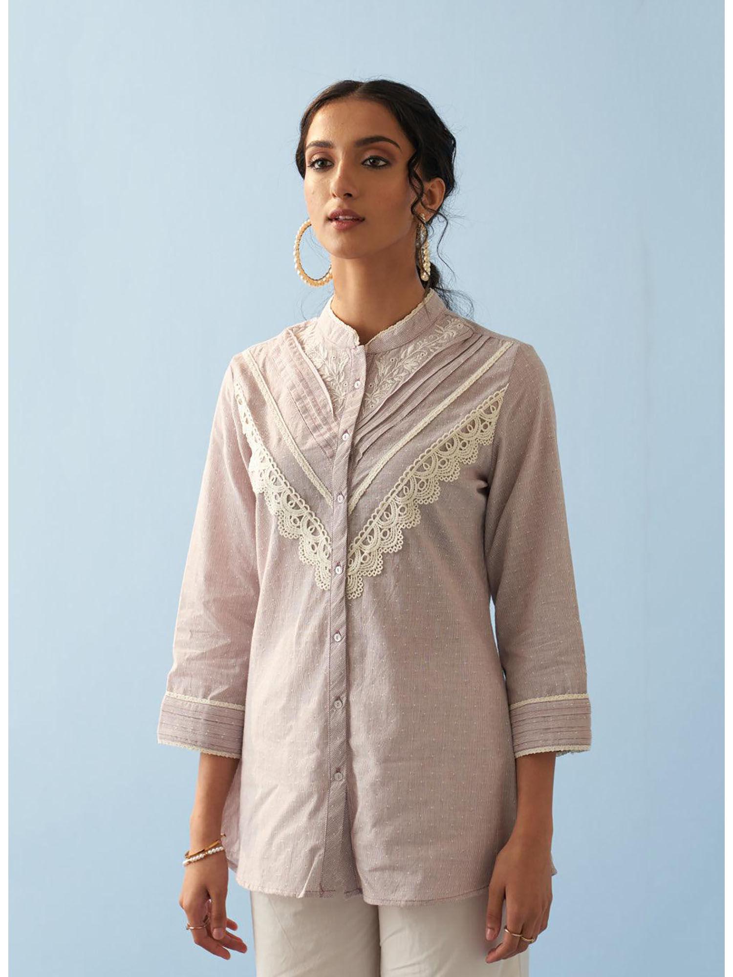 lavender embroidered tunic with lace detailing