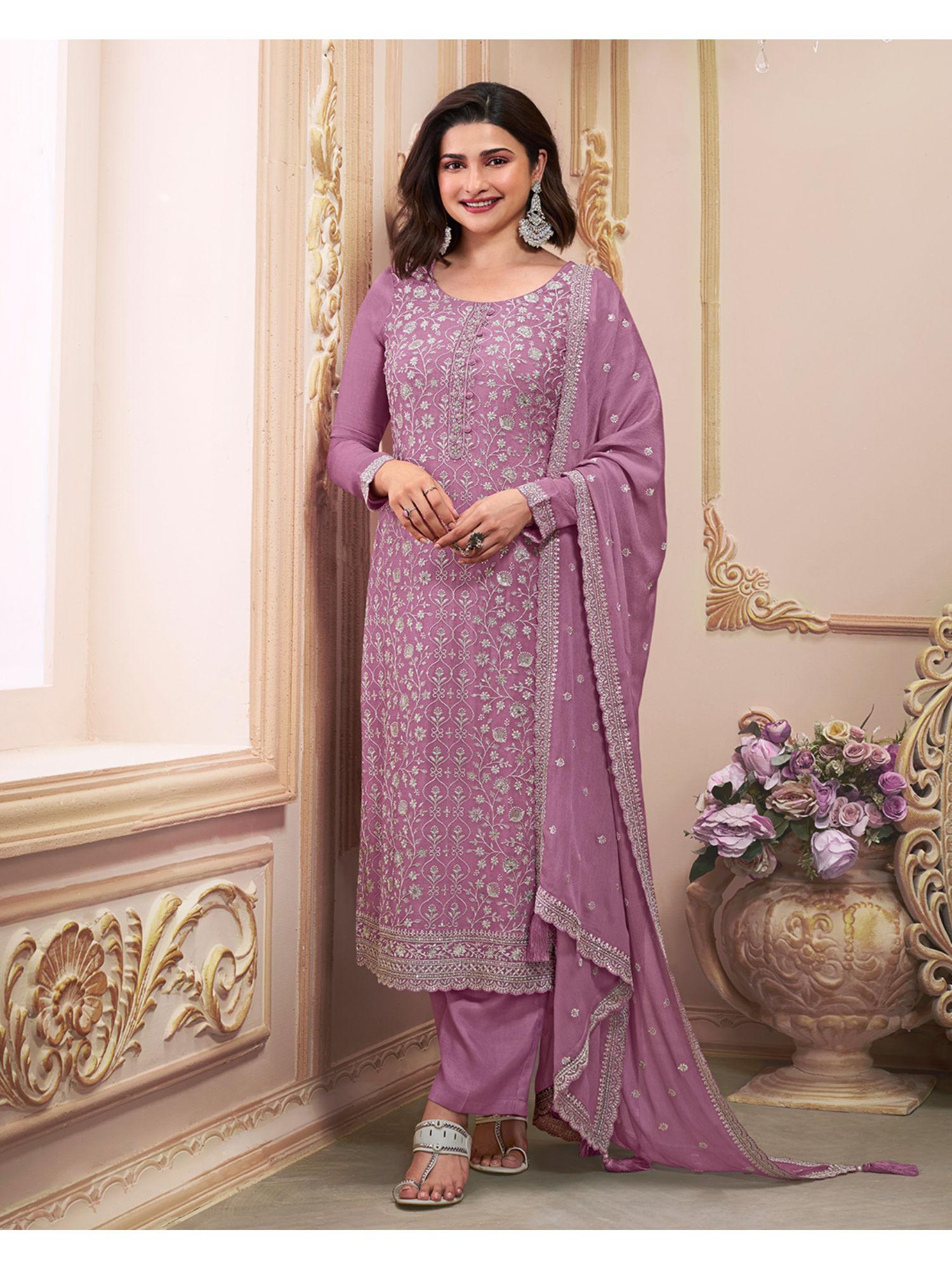 lavender embroidery chiffon straight kurta with pant & embroidery dupatta (set of 3)