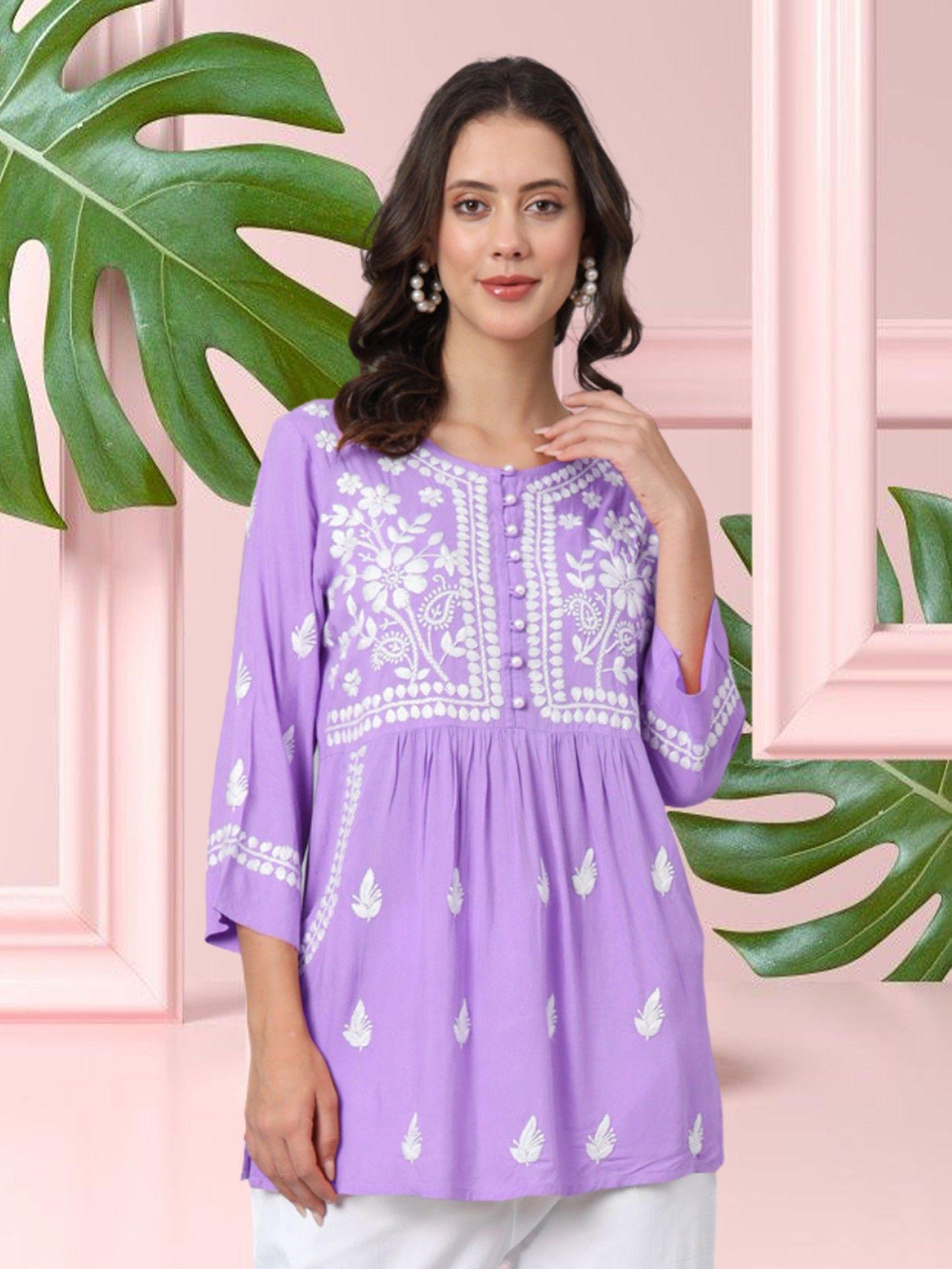 lavender ethnic motifs embroidered lucknowi chikankari kurti