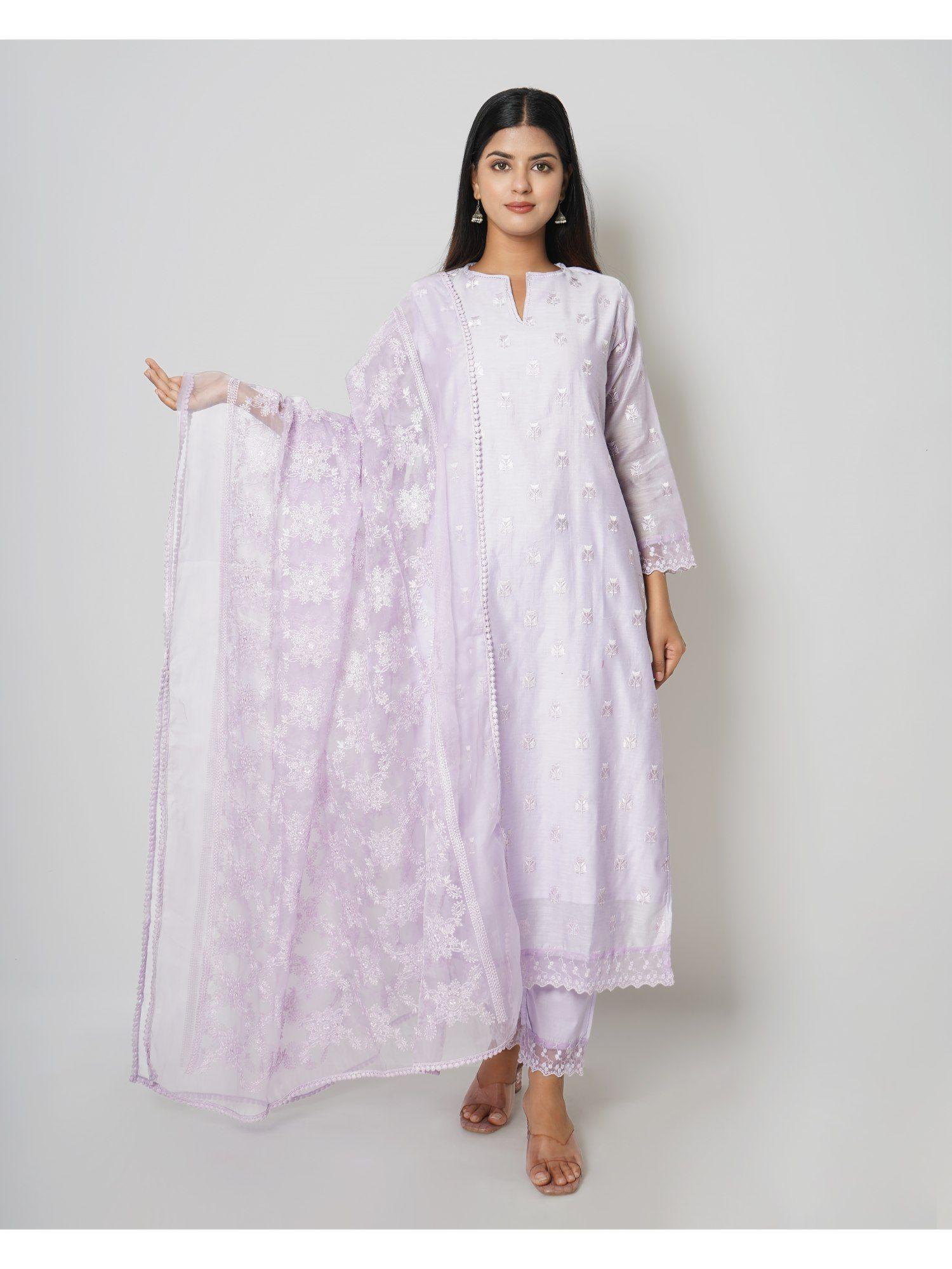 lavender floral embroidered chanderi kurta with cotton pants & dupatta (set of 3)