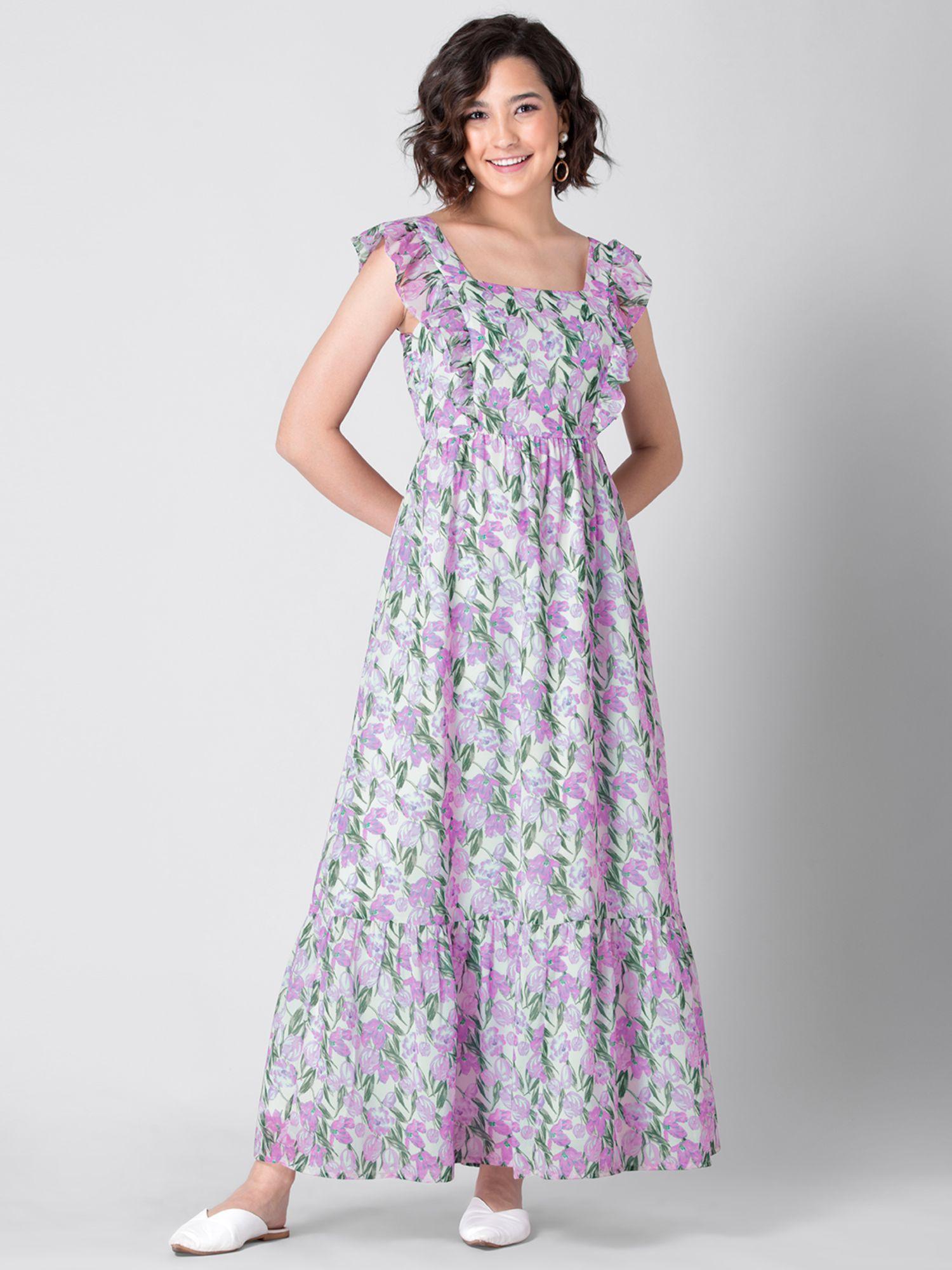 lavender floral frilled maxi dress