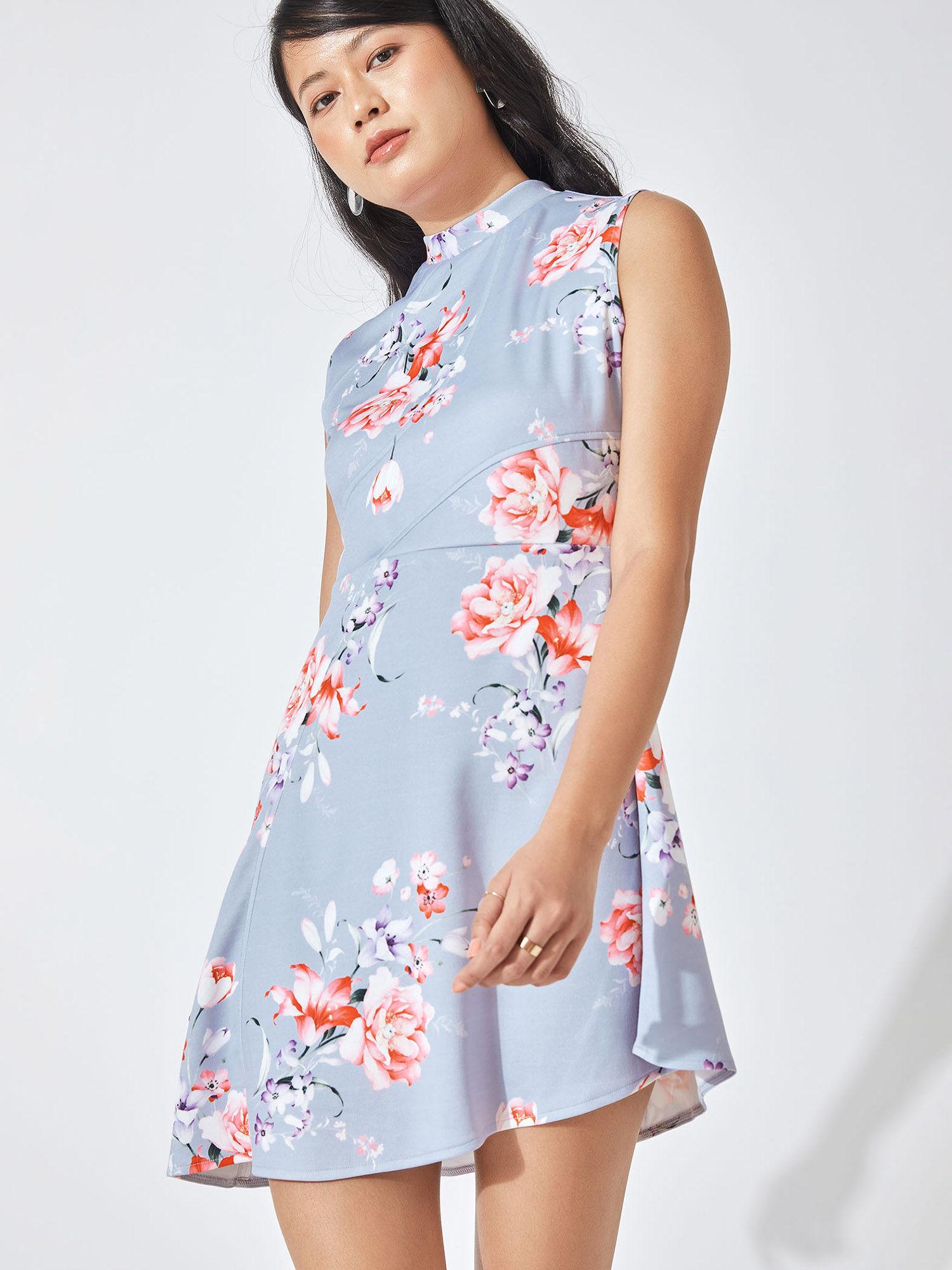 lavender floral high neck scuba dress