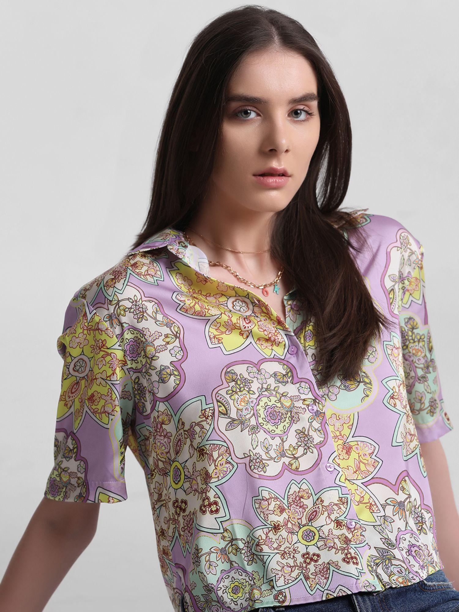 lavender floral print satin shirt