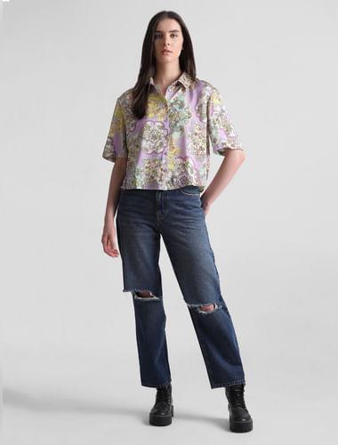 lavender floral print satin shirt