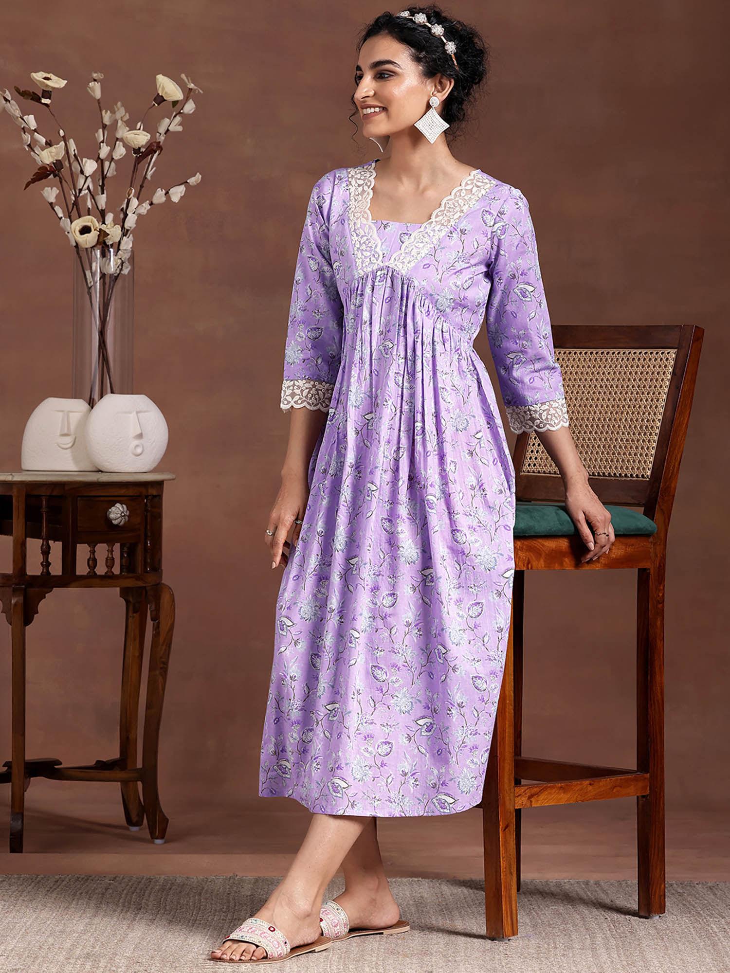 lavender floral printed fit & flared a-line cotton midi dress