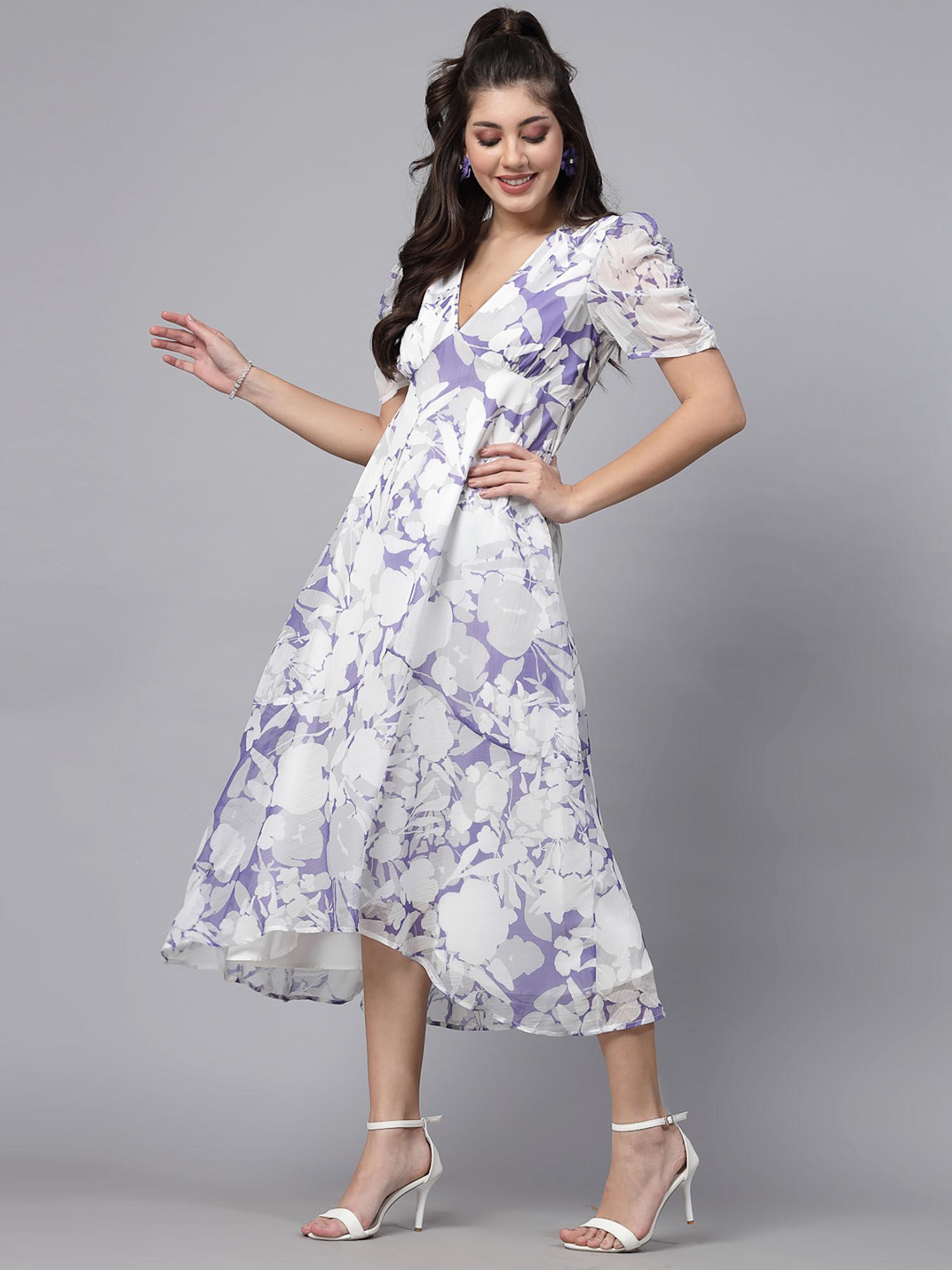 lavender floral printed gather detail half sleeve midi dress