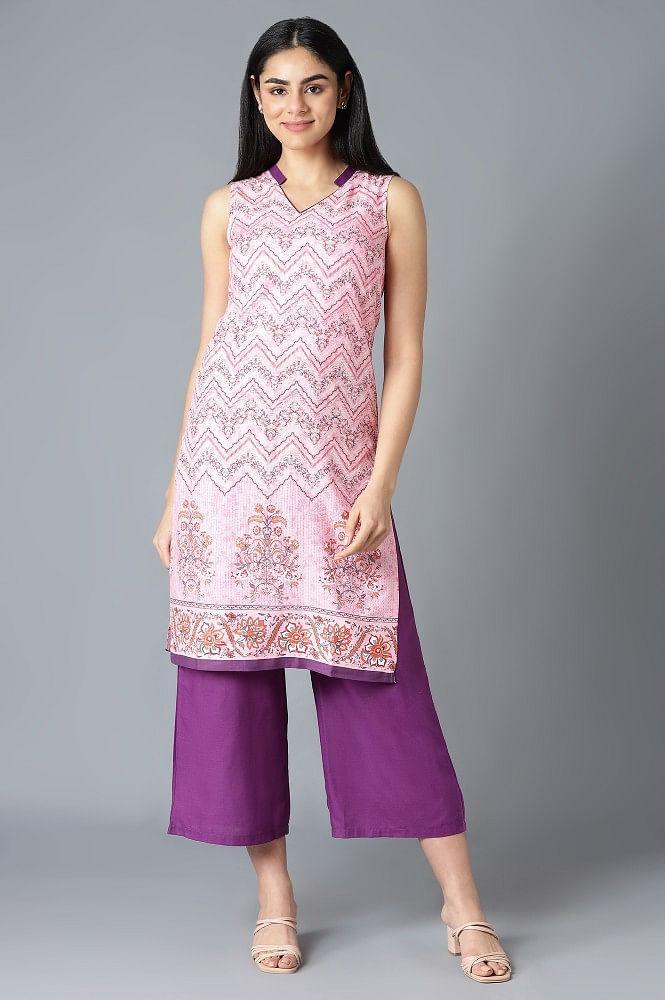 lavender floral printed kurta in v-neck with purple straight palazzo