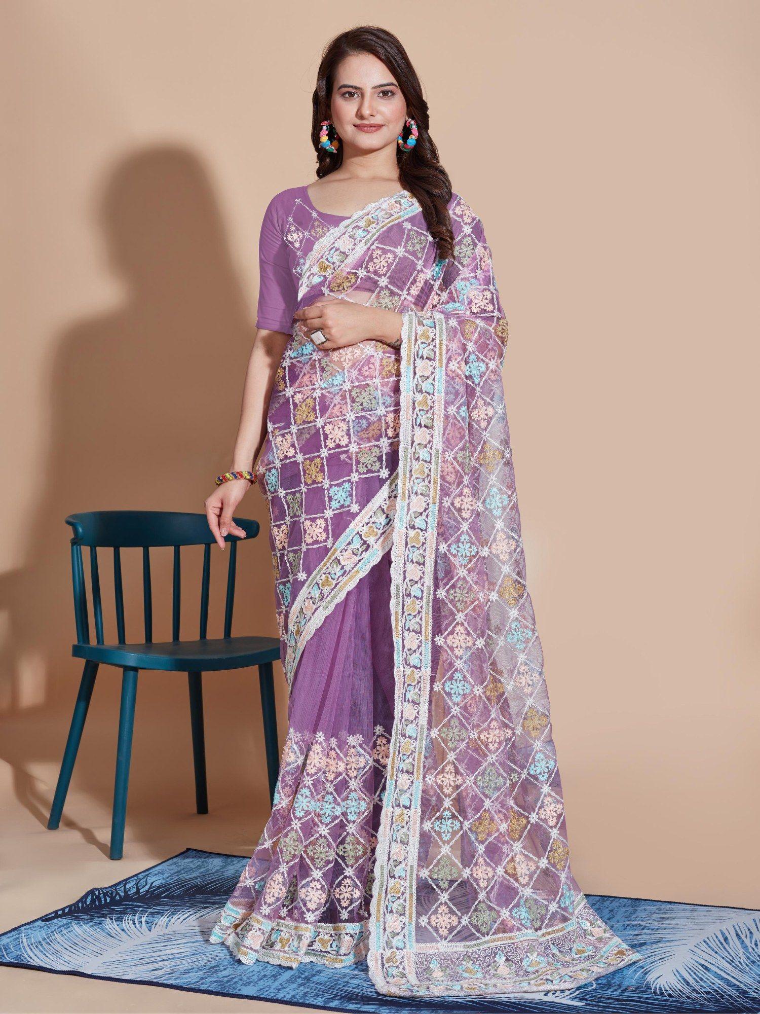 lavender floral soft net embroidery saree with unstitched blouse