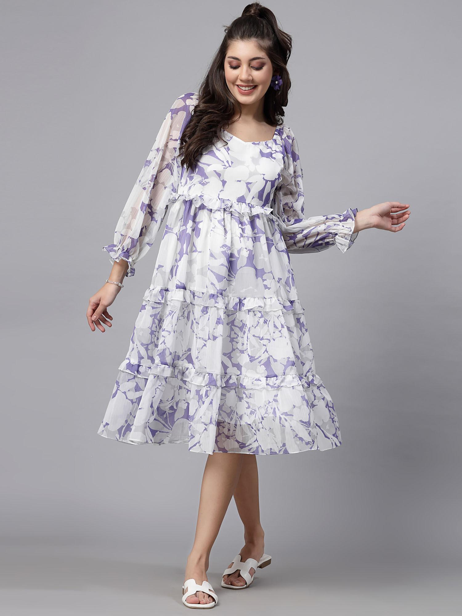 lavender floral three fourth sleeves sweetheart knee length dress