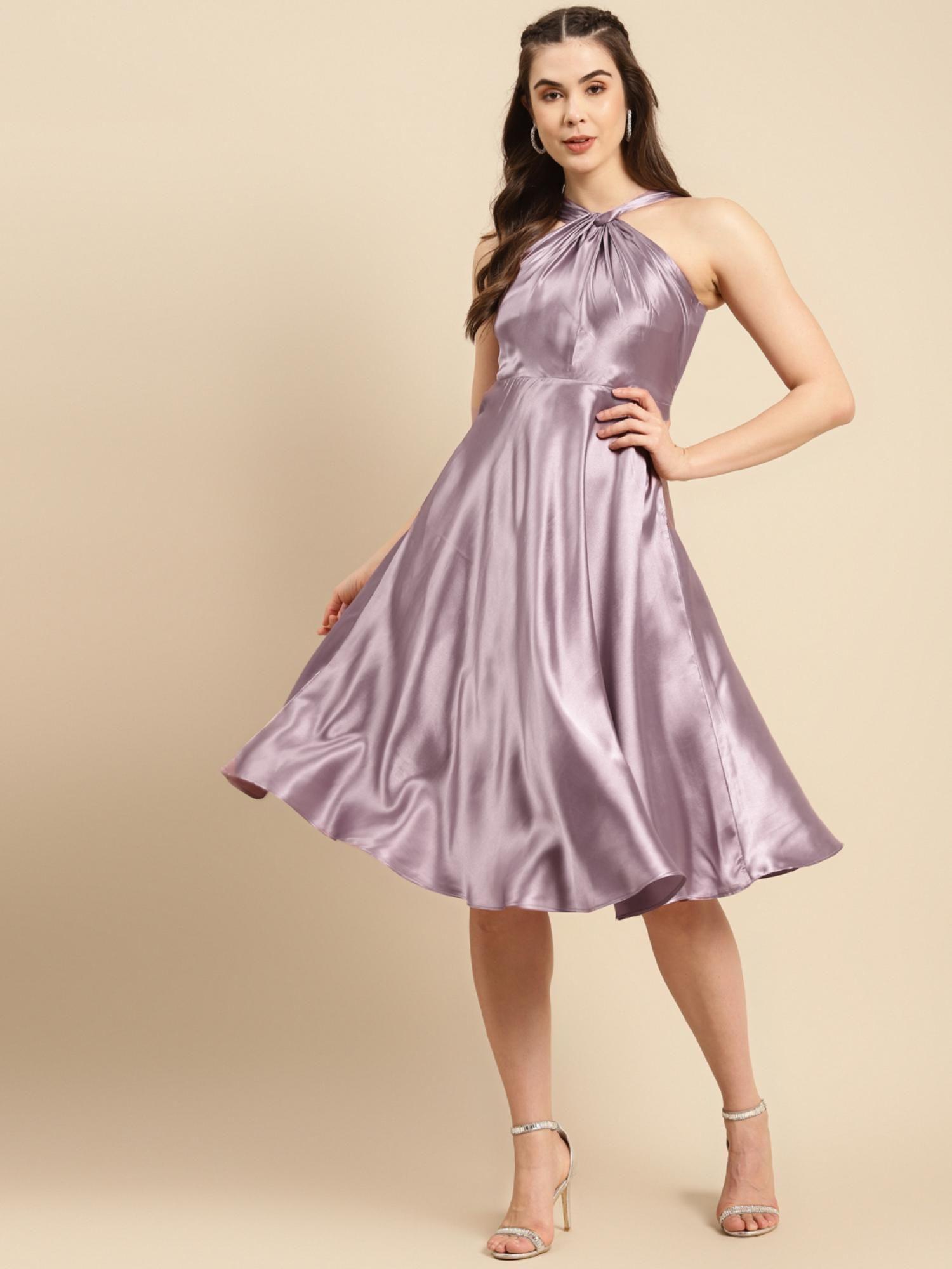 lavender front twist flared midi dress