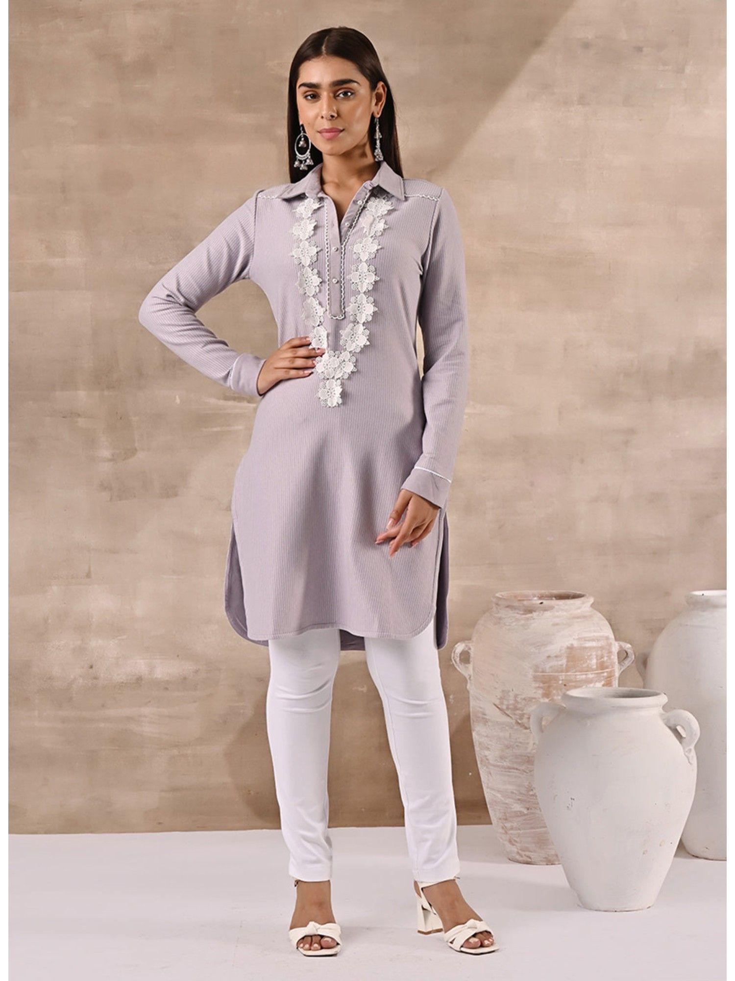 lavender full sleeve woollen striped kurti with lace work