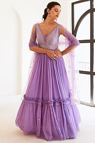 lavender georgette & upada silk embroidered anarkali set