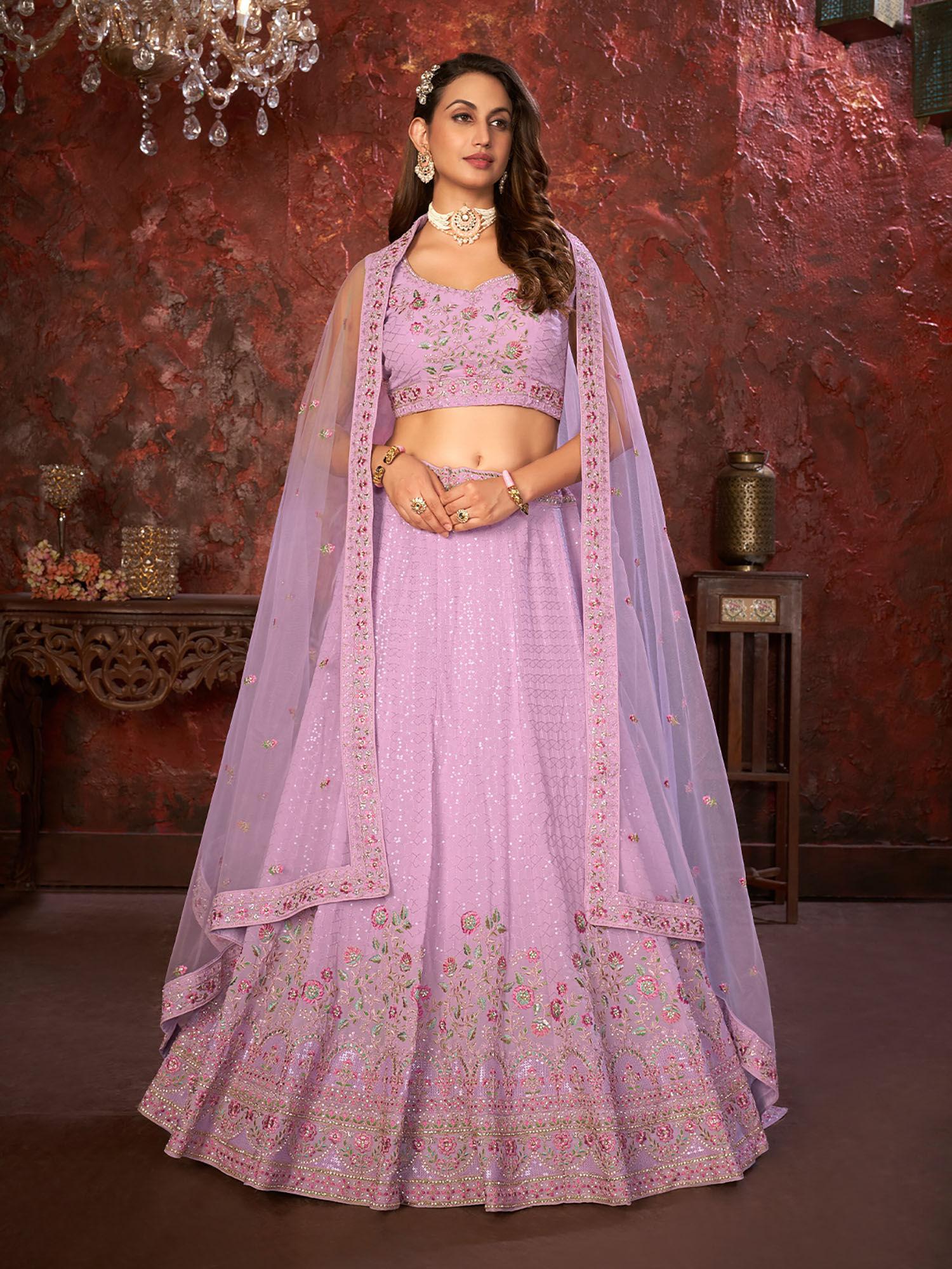 lavender georgette embellished semi stitched lehenga with unstitched blouse (set of 3)