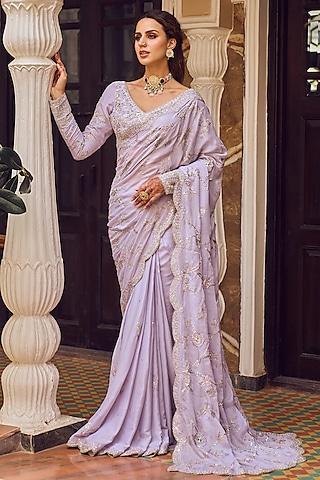 lavender georgette embroidered prestitched saree set