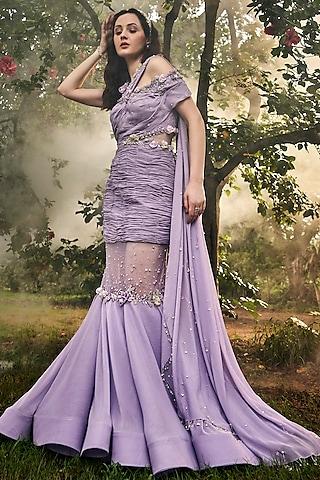 lavender georgette floral embellished one-shoulder mermaid gown