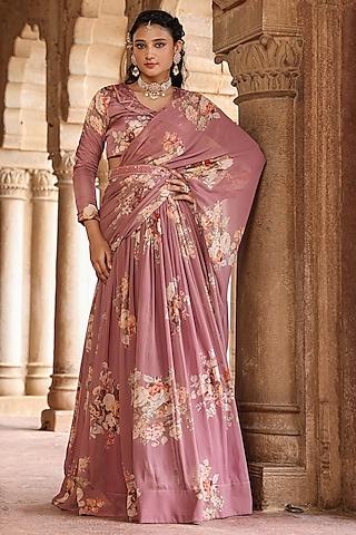lavender georgette floral printed pre-draped lehenga saree set