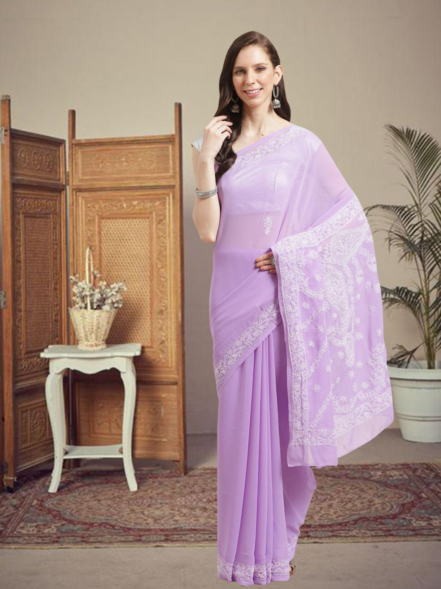 lavender georgette lucknow embroidered chikan saree with unstitched blouse (a183248)