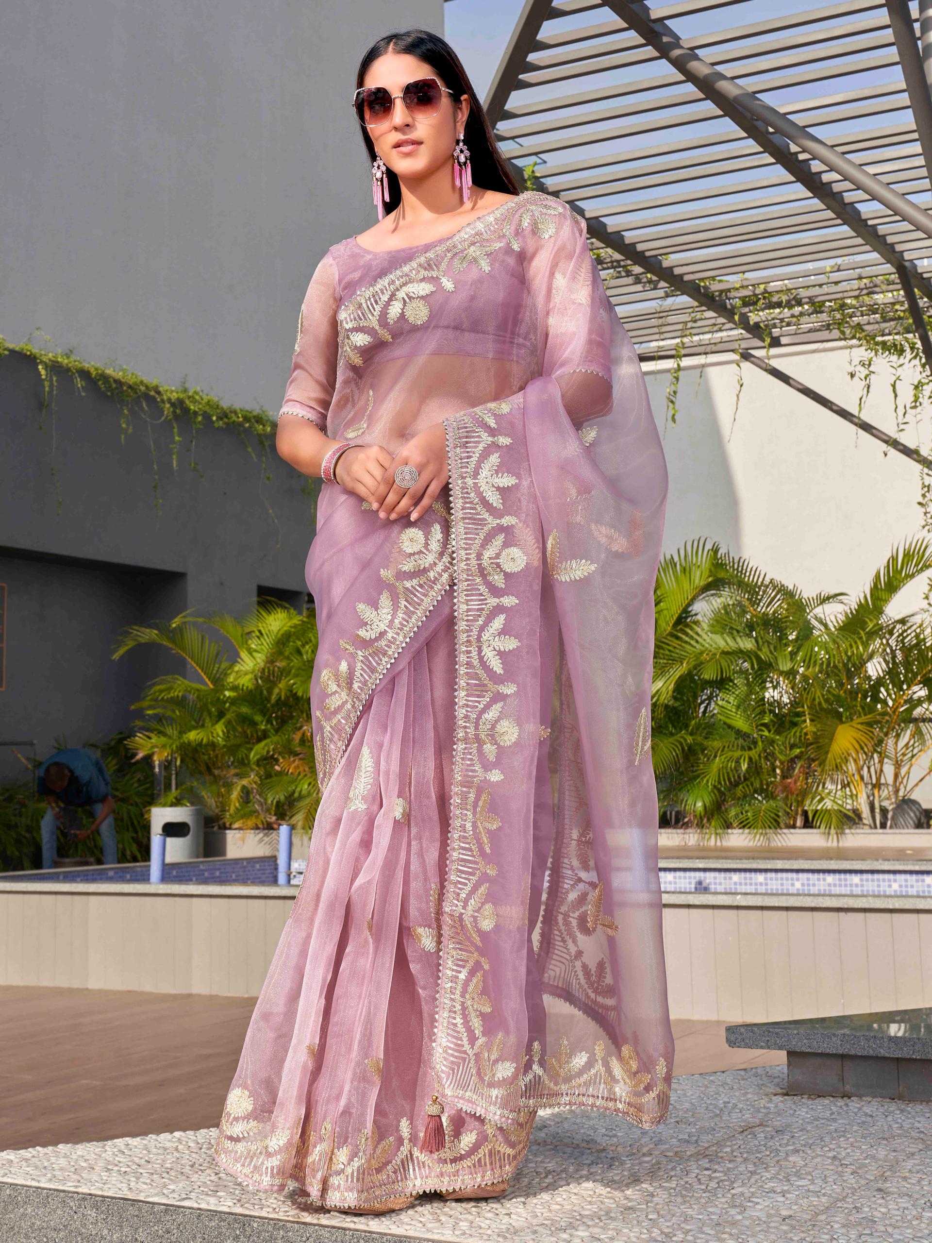 lavender gota patti embroidered organza saree with unstitched blouse