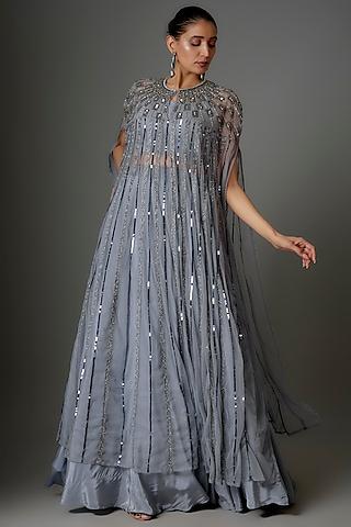 lavender grey silk & net sequins embroidered cape set