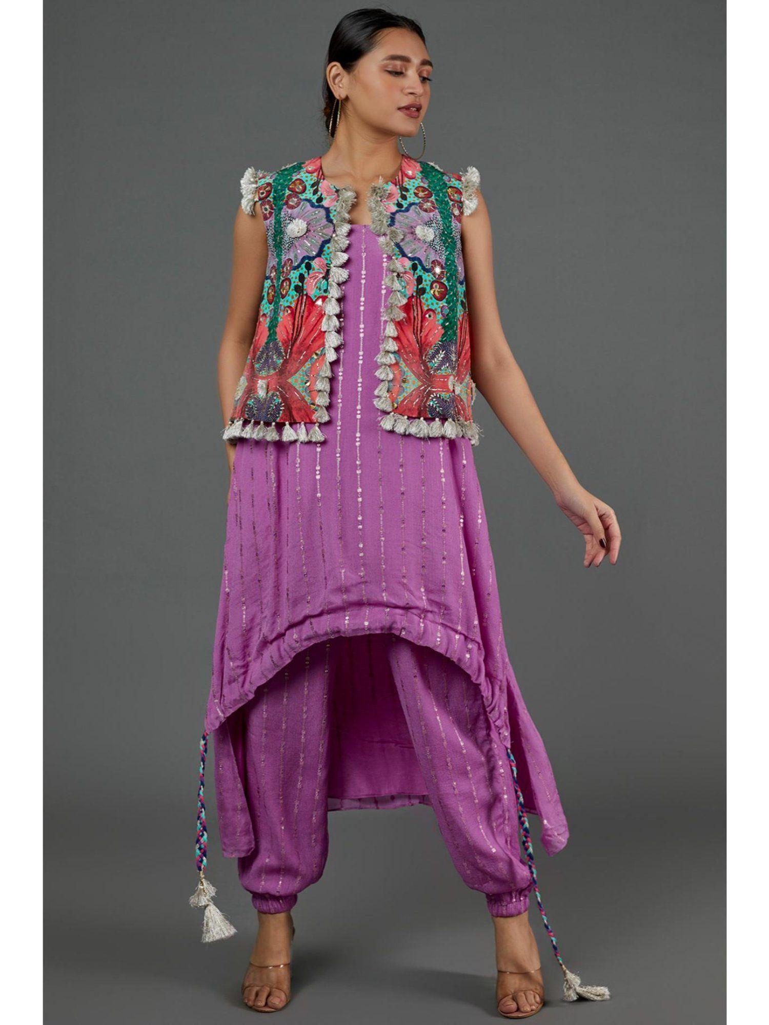 lavender kurta with jogger pant and embroidered jacket (set of 3)