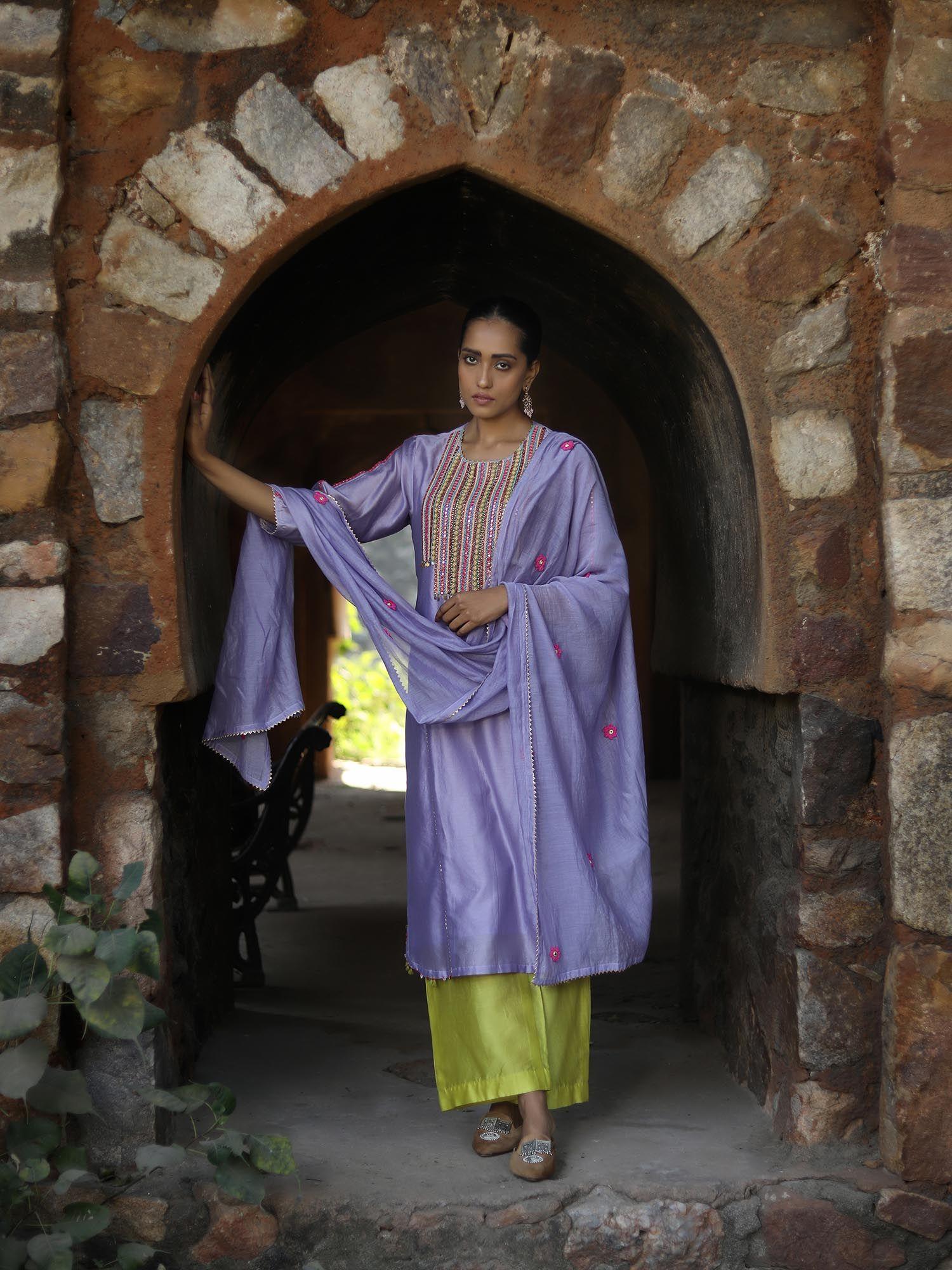 lavender kurta with palazzo and lime green dupatta (set of 3)