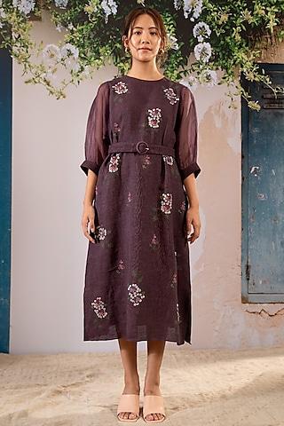 lavender linen block printed dress with belt