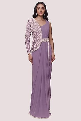 lavender lycra net embellished pre-stitched saree