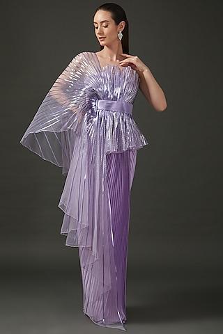 lavender metallic striped & tulle winged gown saree