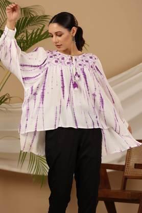 lavender mirror embroidered rayon crepe tie-dye tunic with tassels - lavender