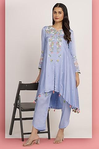 lavender modal satin floral embroidered tunic set